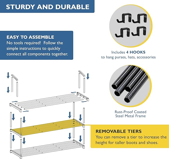 Sundaze Shoe Rack - 3 Tier Metal Shoe Rack for Front Door Entrance, Sturdy Long Shoe Organizer for Closet, Bedroom, Entryway, Garage, Black Metal Shoe Shelf, Holds Up to 15 Pairs-NeatNest