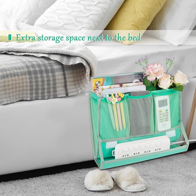 Bedside Caddy Bedside Storage Organizer Bedside Organizer with Power Strip Holder and 2 Adjustable Straps for Home Bunk Bed College Dorm Sofa (Green)-NeatNest