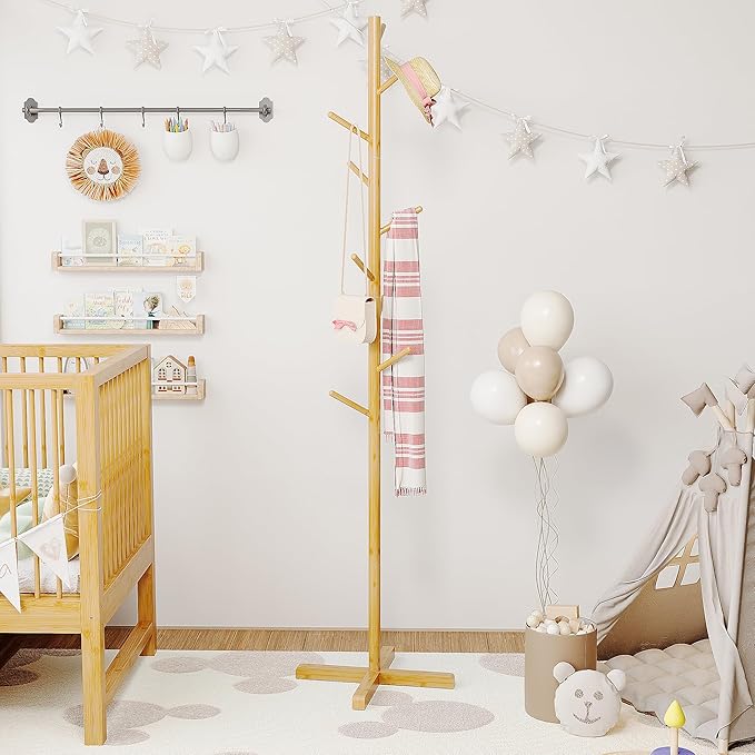 Bamboo Tree Coat Rack Stand, Freestanding kids Coat Tree with 9 Hooks 3 Adjustable Height for Child Adult, Coat Stand Tree Fits Entryway Bedroom Office for Bags Hats (64 inch height)-NeatNest