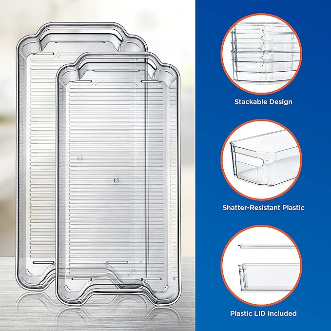NutriChef Set of 8 Refrigerator Bins-4 Wide and 4 Narrow Stackable Fridge Organizers for Freezer, Kitchen, Countertops, Cabinets-Designed with Practical Carry Handles and Interior, 8 containers, Clear