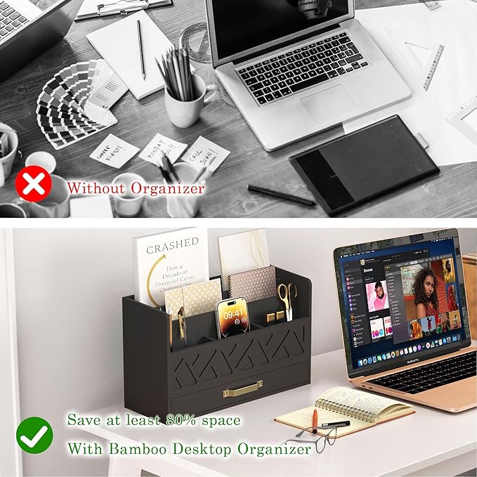 Bamboo Mail Organizer Countertop Wood Desk Organizer Drawer Tabletop Storage Box Letter Sorter Makeup Organizer for School Home Office Supplies Black-NeatNest