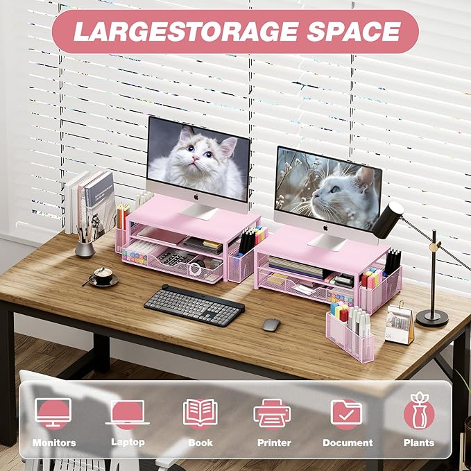 Desk Organizer and Accessories, 2-Tier Computer Monitor Stand Riser with Drawer and 2 Pen Holders, Laptop Stand, Office Desk Accessories for Office Supplies, Pink