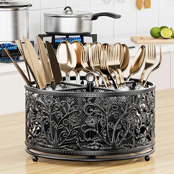 360° Rotating Utensil Caddy - Silverware Cutlery Caddy Holder with 4 Compartment, Metal Flatware Organizer Countertop with Handle for Party Camping Picnic, Kitchen Counter, Office (Black)-NeatNest