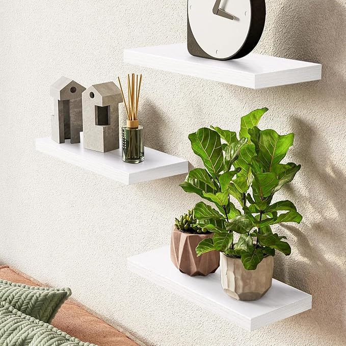 BAYKA Floating Shelves for Wall โ Rustic Wood Wall Shelves with Metal Brackets for Bathroom, Bedroom, Kitchen, or Living Room Decor Organization โ White, Set of 3, Sturdy Storage with 22lb Capacity-NeatNest