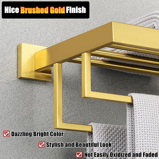 Alise 16 Inch Towel Racks for Bathroom, Towel Rack Wall Mounted with Double Towel Bars, SUS 304 Stainless Steel Towel Shelf, Heavy Duty Hand Towel Holder(Gold Finish)