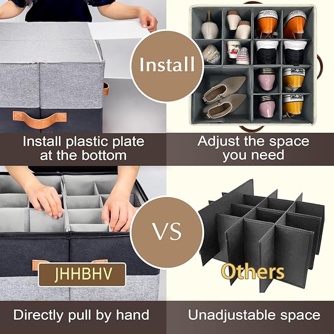 1 Pack Shoe Organizer for Closet, Adjustable Shoe Box Storage Containers, Large Foldable Shoe Bins with Clear Cover, Space Saving Shoes Holder with 4 Handles, Fits 8-16 Pairs, Black-NeatNest
