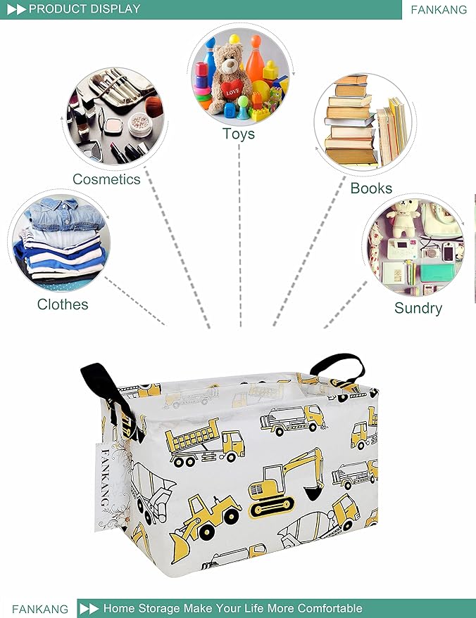 FANKANG Storage Bins, Nursery Hamper Canvas Laundry Basket Foldable with Waterproof PE Coating Large Storage Baskets for Kids Boys and Girls, Office, Bedroom, Clothes,Toys(Rec-excavator)