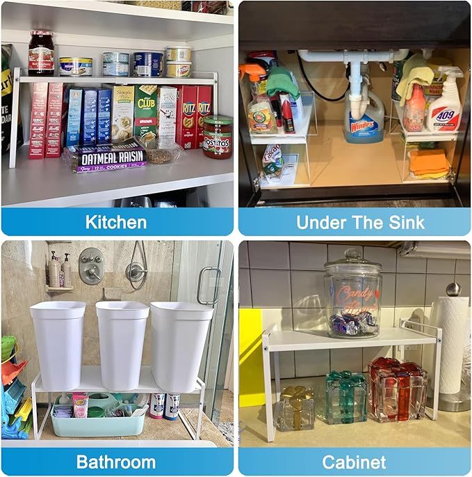 11'' Wide Expandable Cabinet Shelf Organizer Rack Adjustable Length 14''-26'' Pantry Shelf Spice Rack Heavy Duty Nonslip Kitchen Counter Storage Shelves Pantry Cupboard Under Sink Countertop, White-NeatNest