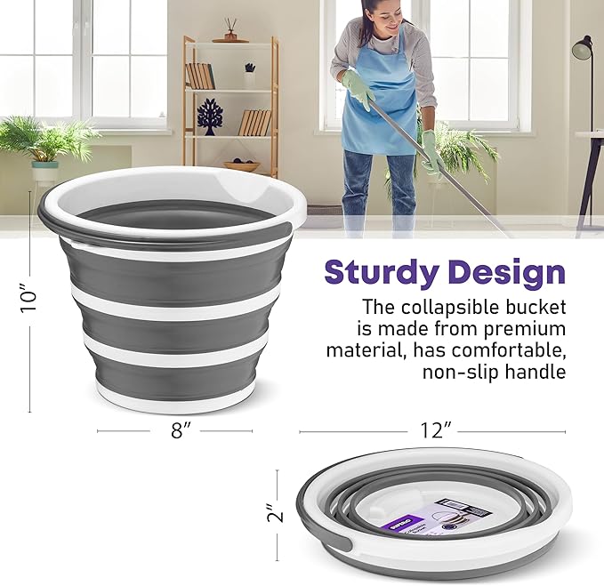 Superio Collapsible Bucket 2 Gallon Bucket with Handle Grey Car Wash Bucket Small Foldable Silicone Pail for Camping, Fishing, Cleaning, Mopping, 10 Liter, 4