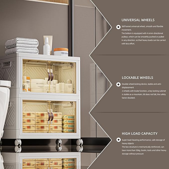 132 QT / 33 Gal White Storage Bins with 1 Lid - Collapsible Stackable Cabinet Organizer w/Wheels & Magnetic Doors, Plastic Storage Box for Office Closet Organization-NeatNest