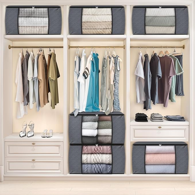 Fab totes 90L Clothes Storage, Foldable Thick Fabric Blanket Storage Bags, Containers for Organizing Bedroom, Closet, Clothing, Comforter, Organization with Handle (8 Pack,Grey)-NeatNest