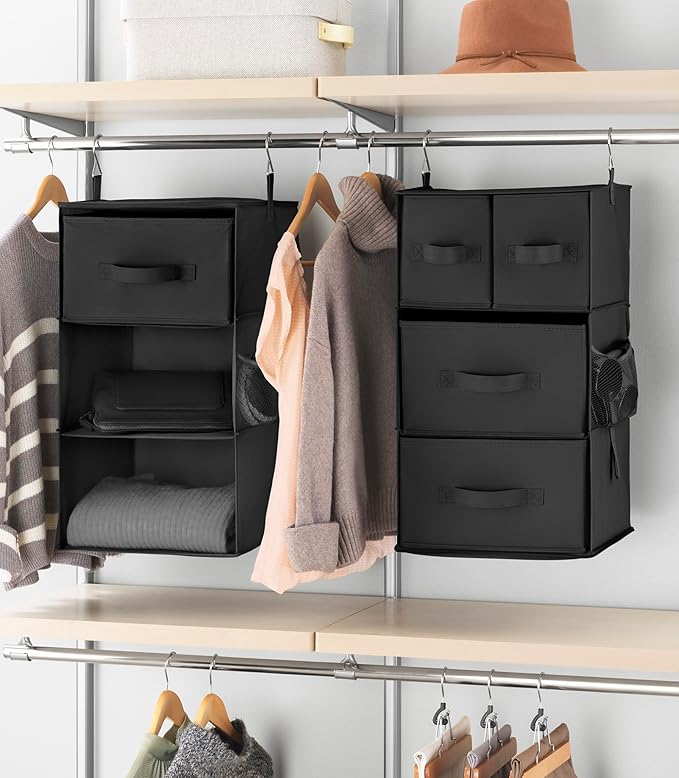 Whitmor Multi-Functional Hanging Organizer with Drawer Inserts- 5 Section - Closet Organizer - Black-NeatNest