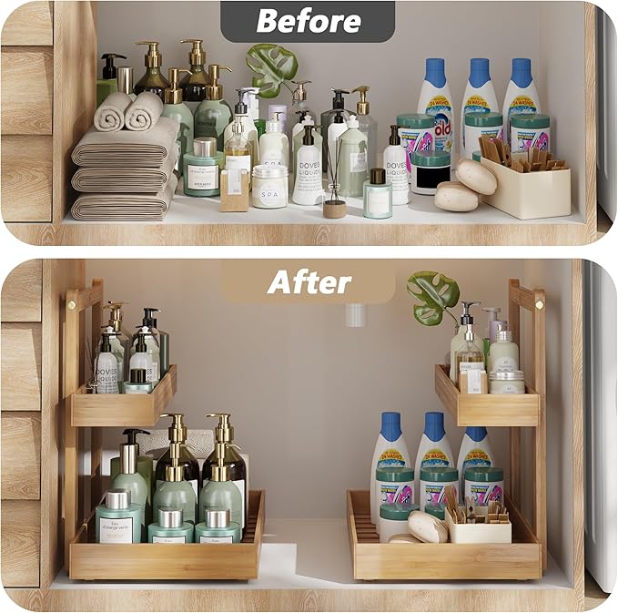 Bamboo Under Sink Organizer and Storage, 2 Tier Pull Out Cabinet Organizer, Slide Out Under Sink Storage Shelf, Undersink Organizers Shelves for Kitchen Bathroom Organization (Nature, 1 Pack)-NeatNest