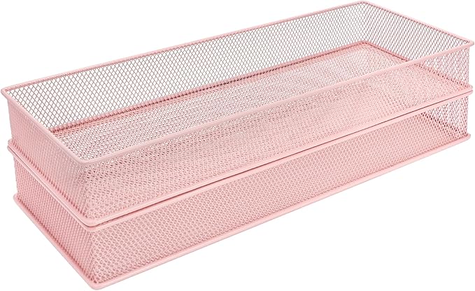 Annova Mesh Stackable Drawer Cabinet and Shelf Organizer Bins Storage Basket School Office Supply Holder Tray- Set of 2 (Light Pink, 6x15x2 Inch)-NeatNest