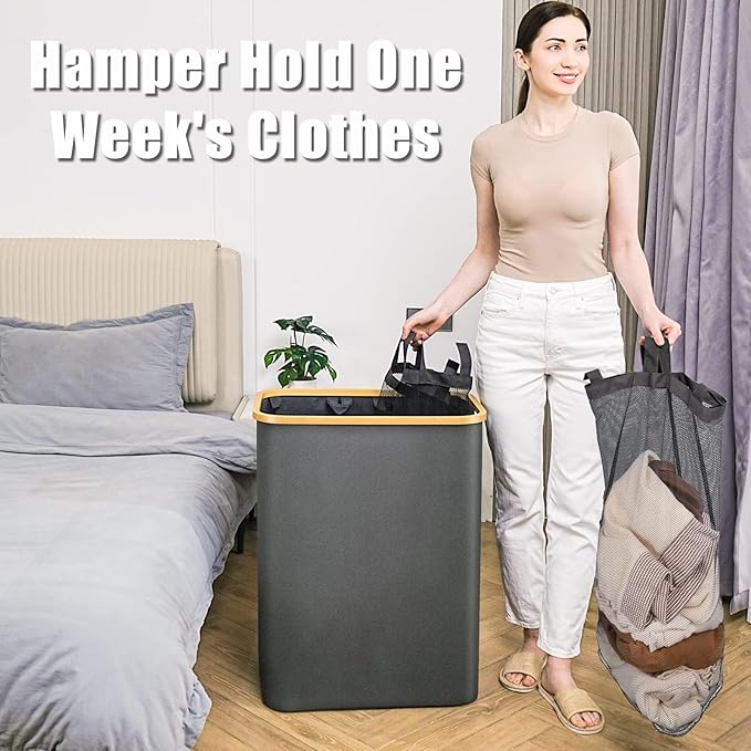 Laundry Hamper with Lid, 145L Extra Large Hamper 3 Section Dirty Clothes Hampers for Divided Basket Organizer for Bedroom, Laundry Room, Grey-NeatNest
