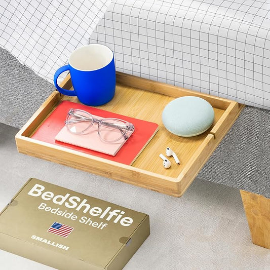 BedShelfie Bedside Shelf for Bunk Bed & Top Bunk, College Dorm Room & Loft Nightstand, Floating Bed Side Table Tray Storage - Natural Wood Slide-NeatNest