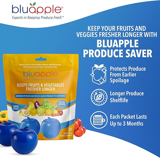 Bluapple Produce Saver Ethylene Gas Absorber 2-Pack - Keeps Fruits & Vegetables Fresh Longer in Refrigerator Crisper, Shelves, & Fruit Bowls, Lasts up to 3 Months, Produce Storage, BPA Free, USA Made-NeatNest