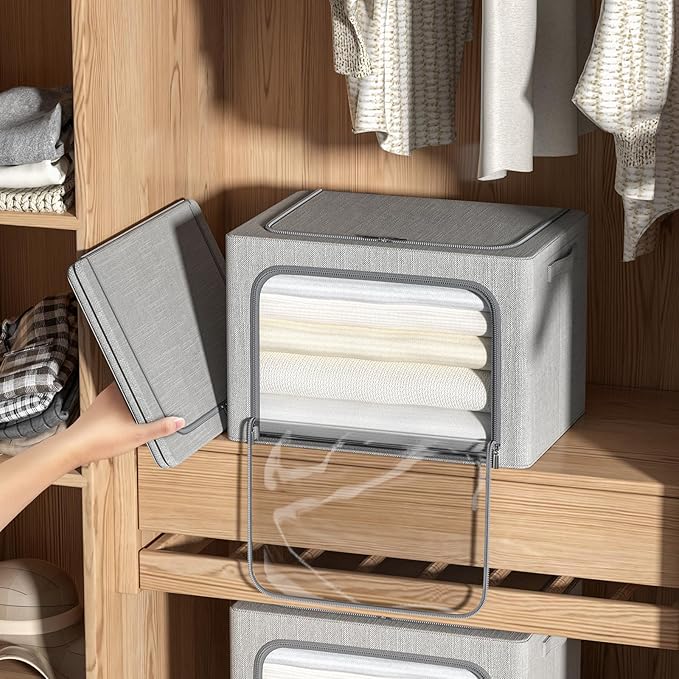 4 Pack Clothes Storage Bins with Metal Frame - Linen Fabric Foldable Stackable Container Organizer Set with Clear Window & Carry Handles & Zippers (Light Grey, 15.7"x11.8"x7.8")-NeatNest