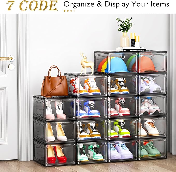 7 code Thicken & Sturdy Clear Shoe Storage Organizer with Magnetic Door, Stackable Boxes for Closet, Foldable Shoe Rack for Sneaker Boot Container, Plastic Shoe Cabinet Shoe Box 6 Pack, Black-NeatNest