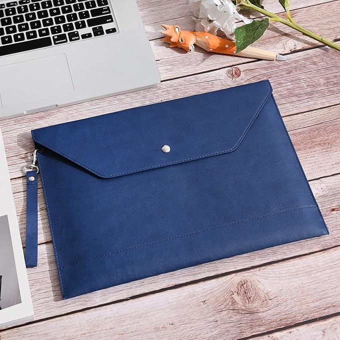 Wonderpool Envelope Case A4 PU Leather File Jacket Pocket Folder Document Case Bag with Removable Hand Strap and 4 Pocket for Documents Tablet Phone Stationery (Dark Blue)