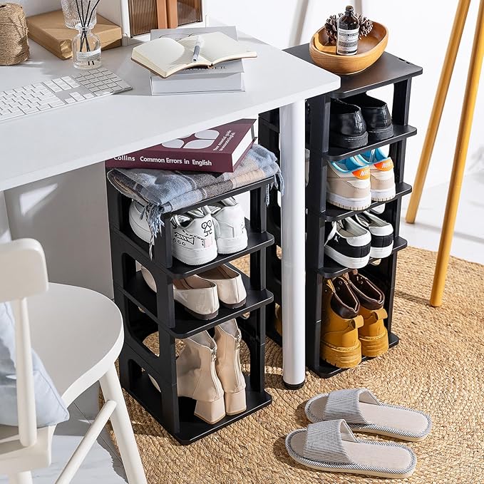 TRZZ 8-Tier Small Shoe Rack, Vertical Narrow Stackable Organizer with Removable Partition, Efficient Shoe Storage for Closet, Entryway, and Small Spaces (Black)-NeatNest