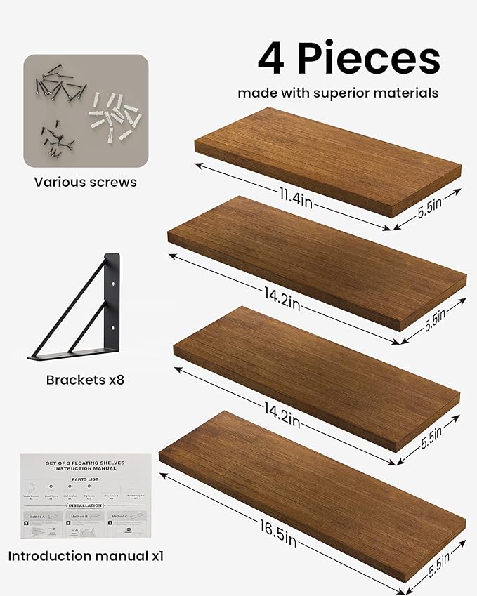 BAYKA Floating Shelves for Wall, Book Shelf for Bedroom, Decor Shelves for Living Room Kitchen, Mounted Wood Floating Shelf for Home Decor, Corner Shelf for Bathroom, Office(Walnut-Toned,Set of 4)-NeatNest