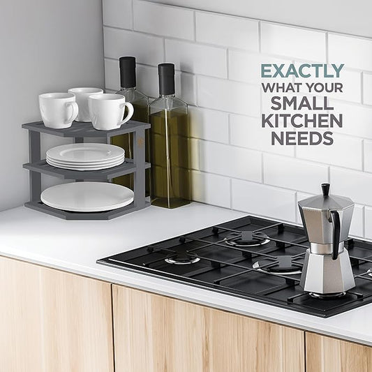 Cabinet Organizer Shelf - Bamboo Corner Rack for Kitchen Counter, Cabinet Space Saver for Plates, Dishes, Bowls, Bread Pantry, Bathroom Storage or Countertop Stand, Grey-NeatNest