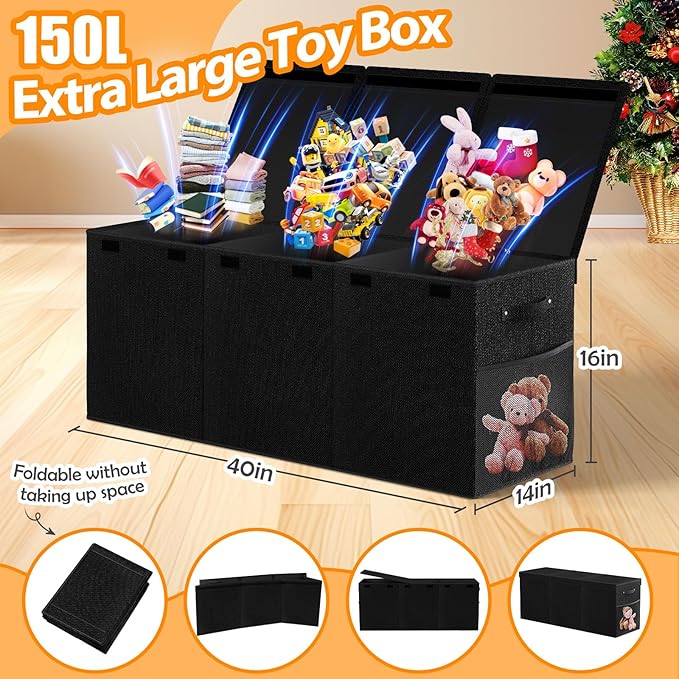 Extra Large Toy Storage Box with Lid Divider, Sturdy Collapsible Toys Organizer Chest Kids Storage Bins Boxes Baskets for Boys, Girls, Nursery, Bedroom, Living Room, Playroom, 40"x14"x16", Black