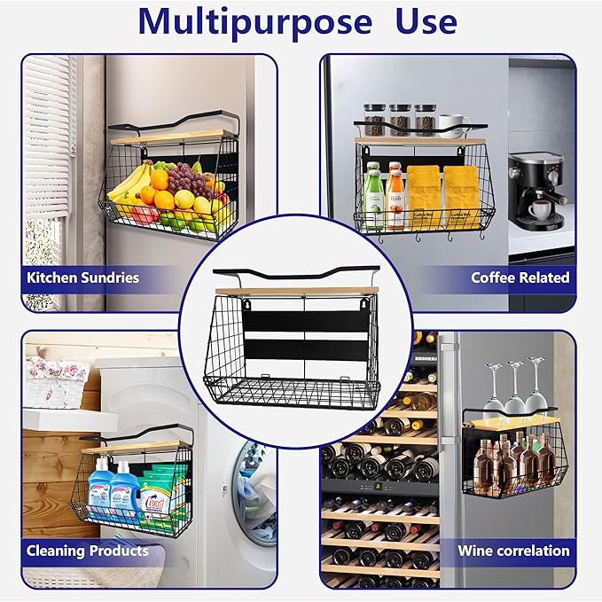 bealy Upgrade Strong Magnetic Shelf for Fridge with Wood Lid Top, XXL Large Capacity Magnetic Spice Rack for Fridge, Multifunction Kitchen Pantry Organizers and Storage, Fruit Potato Storage Basket-NeatNest