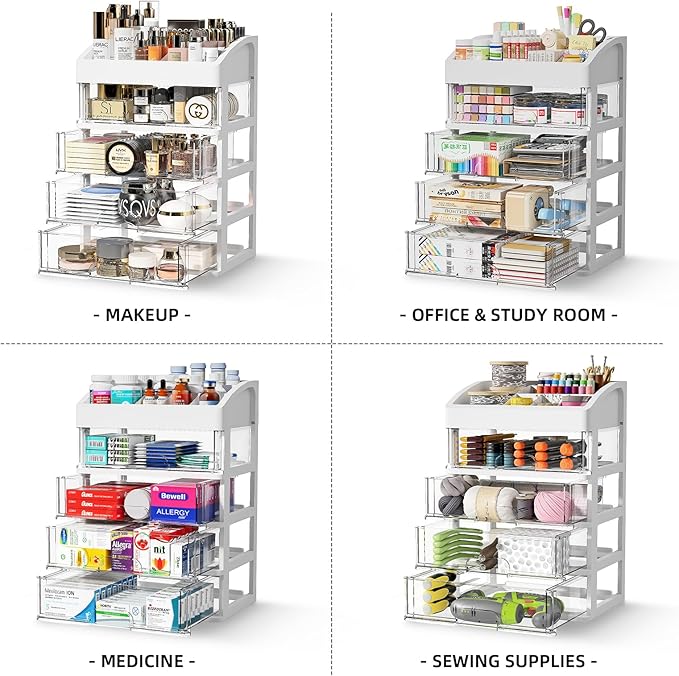 Desk Organizer with 4 Drawer Storage, Desktop Drawers Organizer for Office/School Supplies, Plastic Stationary Makeup Organizer, Desk Storage Box Organizer for Office, School, Bathroom-NeatNest