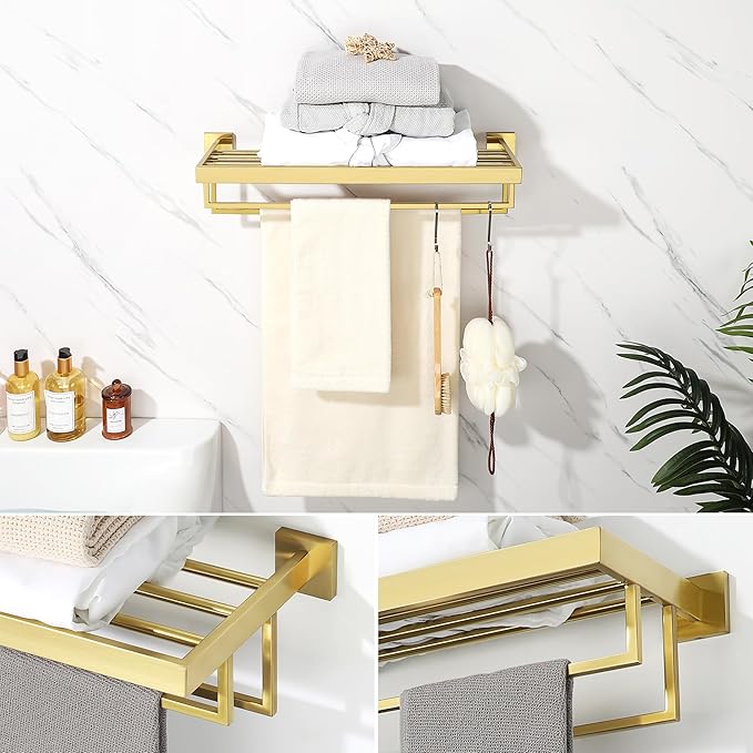 Alise 24 Inch Towel Racks for Bathroom, Towel Rack Wall Mounted with Double Towel Bars, SUS 304 Stainless Steel Towel Shelf, Heavy Duty Hand Towel Holder(Gold Finish)
