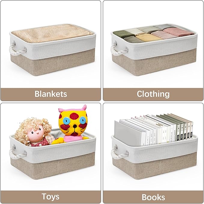 Fabric Storage Bins, 3 Pack Foldable Cube Baskets with Rope Handles, Large Collapsible Storage Cubes for Home, Office, Closet, Clothes, Books Organizer. (Khaki and White, 3PCS/12.2*8.2*5.1inch)-NeatNest