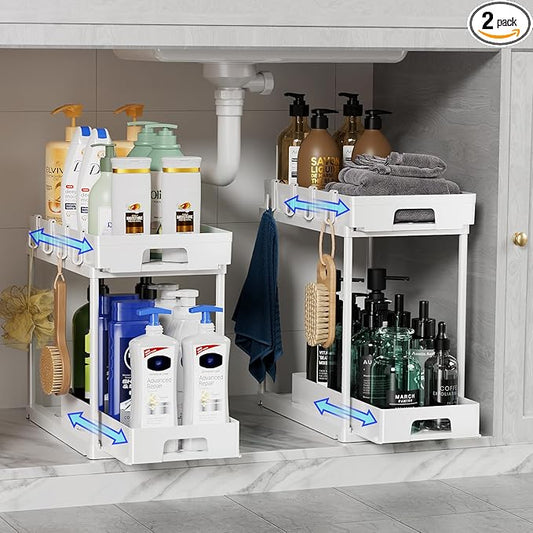 Delamu Under Sink Organizers and Storage, 2 Pack Pull Out Kitchen Bathroom Cabinet Organizer, 2 Tier White Under Sink Storage for Bathroom Kitchen, Under Counter Storage Organizer with 8 Hooks-NeatNest