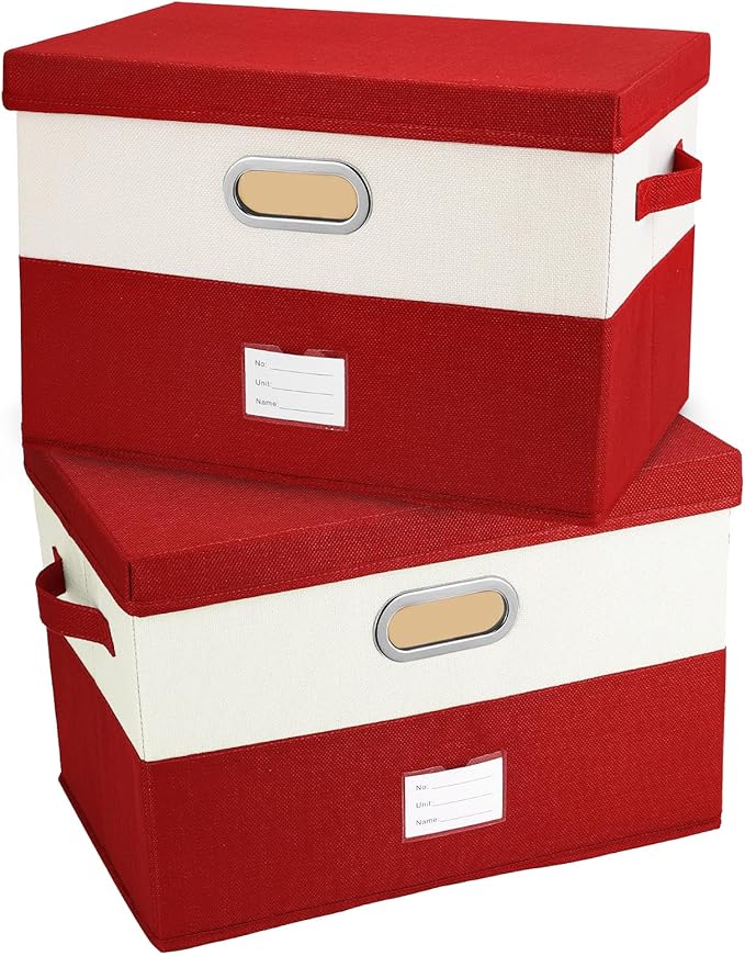 Large Linen Fabric Foldable Storage Bins with Removable Lid and Handles, Washable Storage Box Organizer Containers Baskets Cube with Cover for Bedroom,Office(Red&Cream, Large(2-Pack))-NeatNest