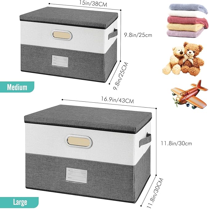 Large Linen Fabric Foldable Storage Bins with Removable Lid and Handles, Washable Storage Box Organizer Containers Baskets Cube with Cover for Bedroom,Closet,Office (Black&White, Medium)-NeatNest