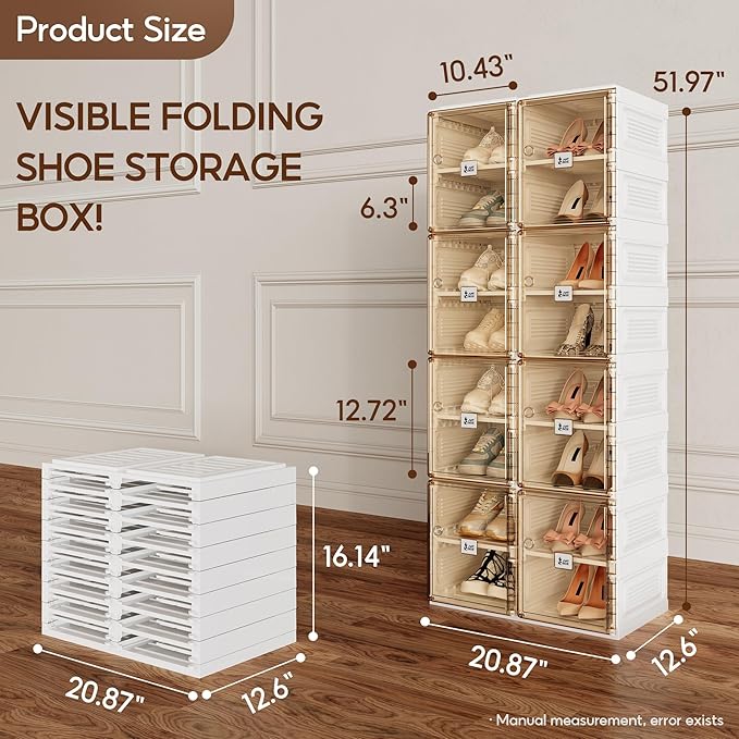 ANTBOX Shoe Organizer Storage Box, Portable Folding Shoe Rack For Closet With Magnetic Clear Door,Large Sneaker Cabinet Bins Sturdy Easy Assembly 8 Layers-16 Grids-NeatNest