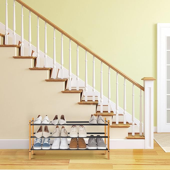 STORAGE MANIAC Expandable Shoe Rack, 16 Pairs Stackable Small Shoe Rack, Metal Adjustable Shoes Organizer for Closet, Entryway, Hallway, Garage, Front Door, Shoes Shelves, Bamboo 4 Tier-NeatNest