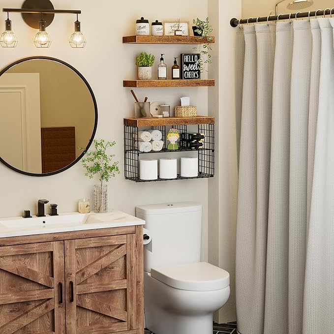 Bathroom Floating Shelves for Wall - Shelf Over Toilet Storage Small Farmhouse Decor Shelves (15.7 inch, Set of 3, Rustic Brown)-NeatNest
