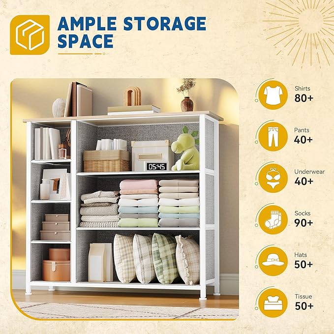 DWVO Dresser for Bedroom, 7 Drawers Fabric Dresser, Organizer Unit for Living Room, Hallway, Closets - Sturdy Steel Frame, Wooden Top & Easy Pull Fabric Bins, Light Gray-NeatNest