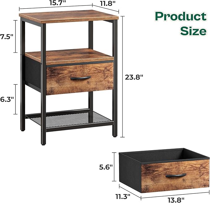 Huuger Nightstand Set of 2, Night Stand with Fabric Drawer, Mesh Shelf, Side Table with Storage, Fabric Drawer Dresser, Open Shelf, Metal Frame, Bedroom, Rustic Brown