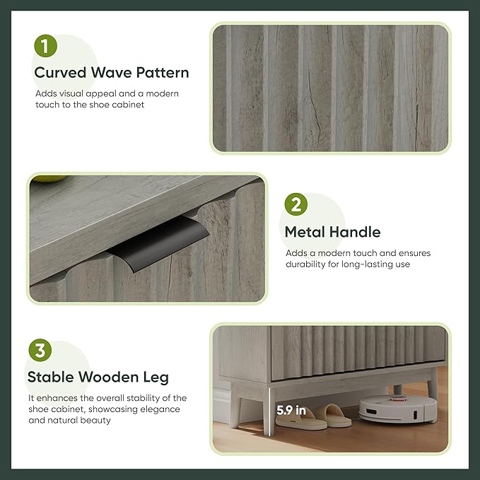 Fluted Shoe Cabinet for Entryway with 2 Flip Drawers, Narrow Wood Shoe Storage Cabinet, Freestanding Hidden Shoe Organizer for Foyer, Hallway, Grey
