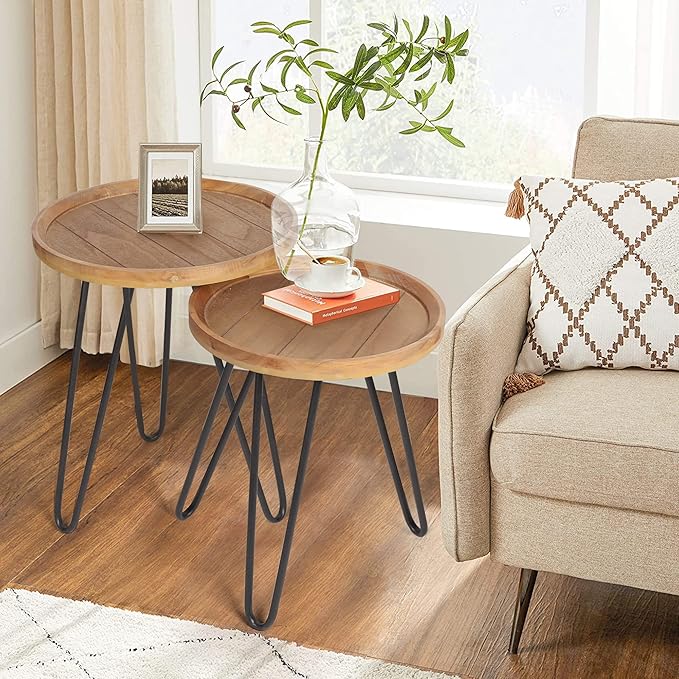Oakrain Nesting Tables for Living Room, Round Nesting Coffee Table, Farmhouse End Tables Living Room Set of 2, Wood Side Tables Set of 2 for Sofa, Bedroom