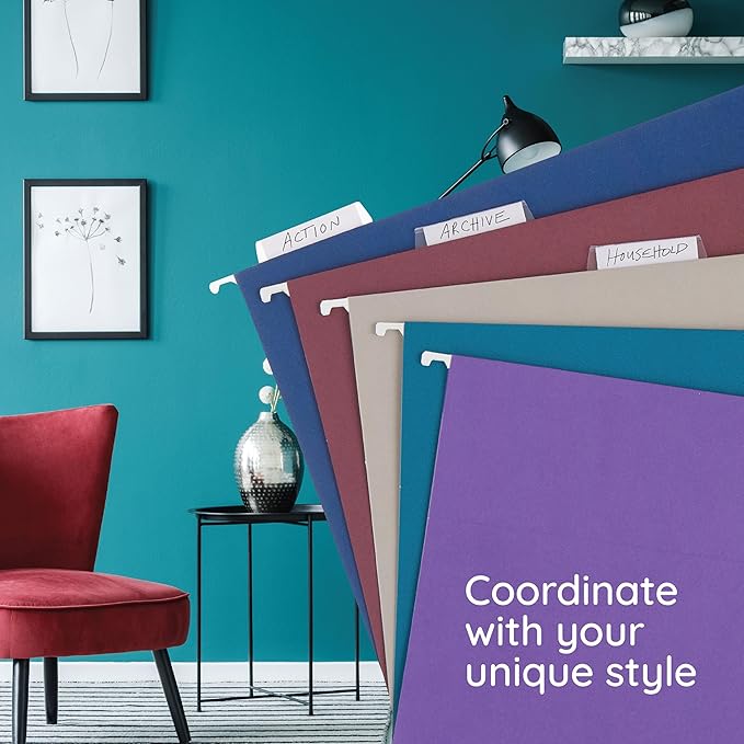 Blue Summit Supplies 25 Jewel Tone Hanging File Folders Letter Size with Tabs, Reinforced Hanging File Folders Jewel Tone, Includes Plastic Tabs and Inserts-NeatNest