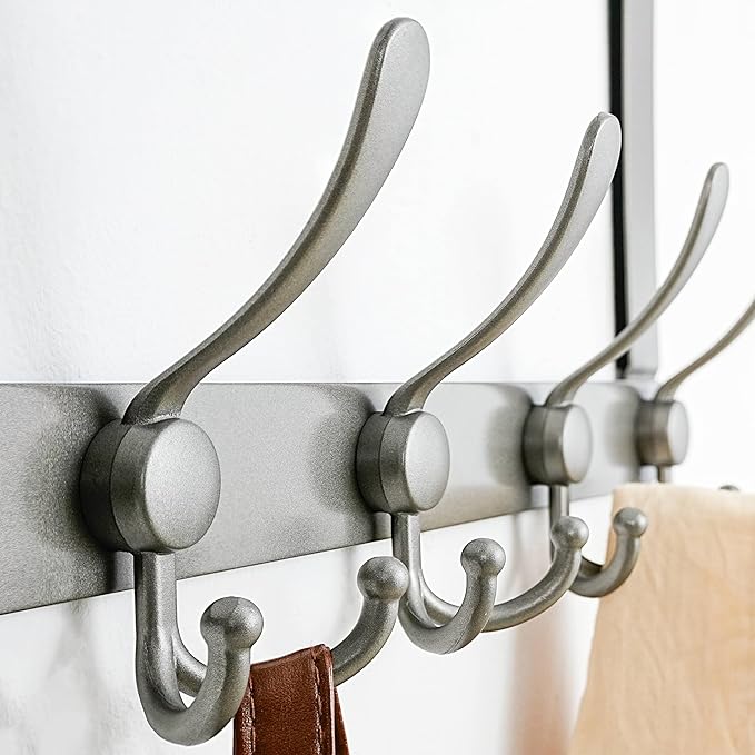 Dseap Over The Door Hook Hanger - 5 Tri Hooks, Heavy Duty Over The Door Towel Rack Coat Rack for Clothes Hat Towel, Grey, Pack of 2