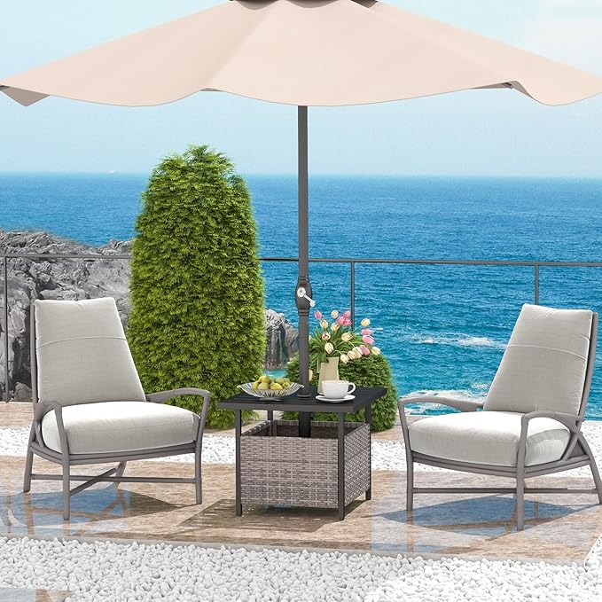 Patio Side Table with Umbrella Hole, 22" Rattan Wicker Umbrella Stand Table, Outdoor End Table for Patio, Garden, Poolside & Yard (Mix Gray)