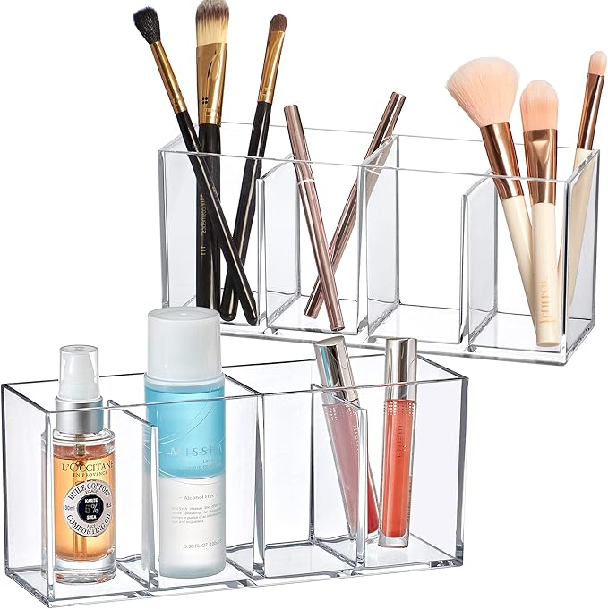 Amazing Abby - Glamour - 2-Pack Acrylic 4-Compartment Makeup Organizer, Transparent Plastic Makeup Brush Holder, Perfect Bathroom Vanity Storage Solution for Makeup Brushes, Eyebrow Pencils, and More-NeatNest
