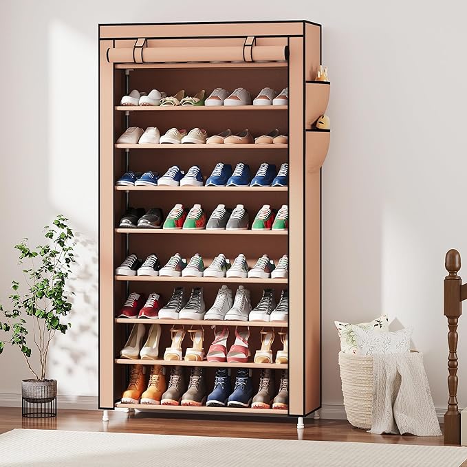 Laiensia 9-Tier Vertical Shoe Rack Organizer, Space Saving Shoe Storage Organizer, Non-Woven Cover Shoe Shelf Holds 36-45 Pairs for Bedroom, Hallway, Closet Entryway, Brown-NeatNest