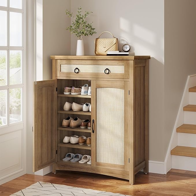 DWVO 5-Tier Shoe Storage Cabinet, Farmhouse Shoes Rack Cabinet with Adjustable Shelf, 43" Tall Rattan Rattan Shoe Organizer with Drawer & Doors for Entryway Hallway Living Room Closet (Oak)-NeatNest