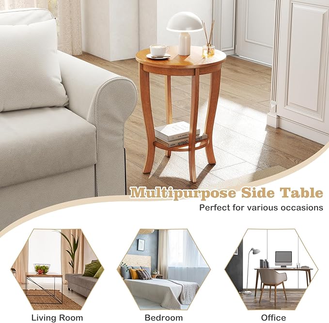 Giantex Round End Table, Retro Nightstand with Storage Shelf & Solid Wood Legs, 24.5" Accent Side Table for Small Spaces, Wood Bedside Night Stand for Living Room Bedroom, Light Brown