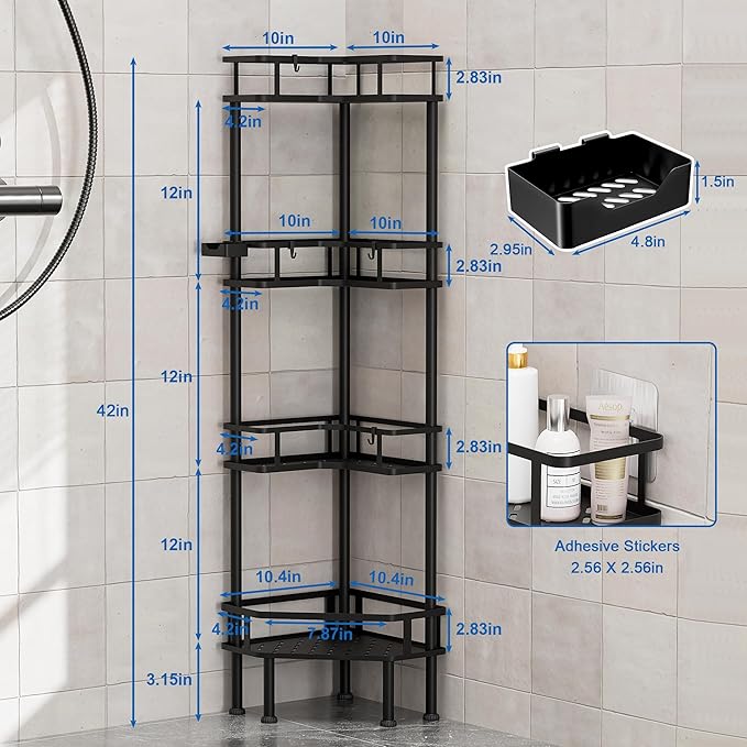FJNATINH Corner Shower Caddy - 4-Tier Bathroom Organizer with Adjustable Feet, Heavy Duty Shower Shelf for Shampoo, Soap, Towels - Easy Install, No Drilling Required